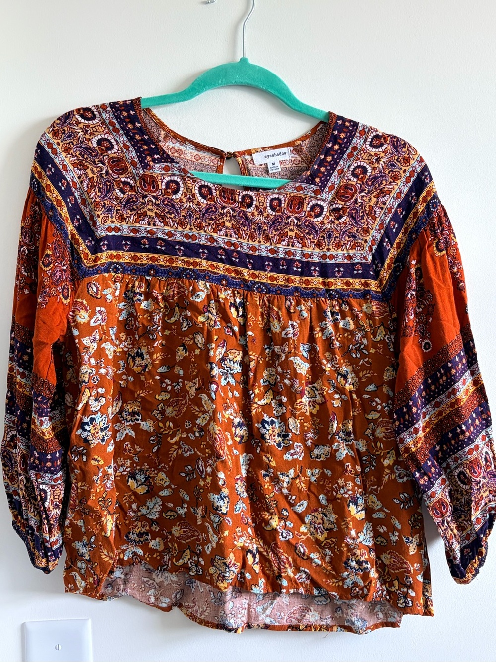 Eyeshadow Burnt Orange Floral Peasant Blouse with Navy Accents
